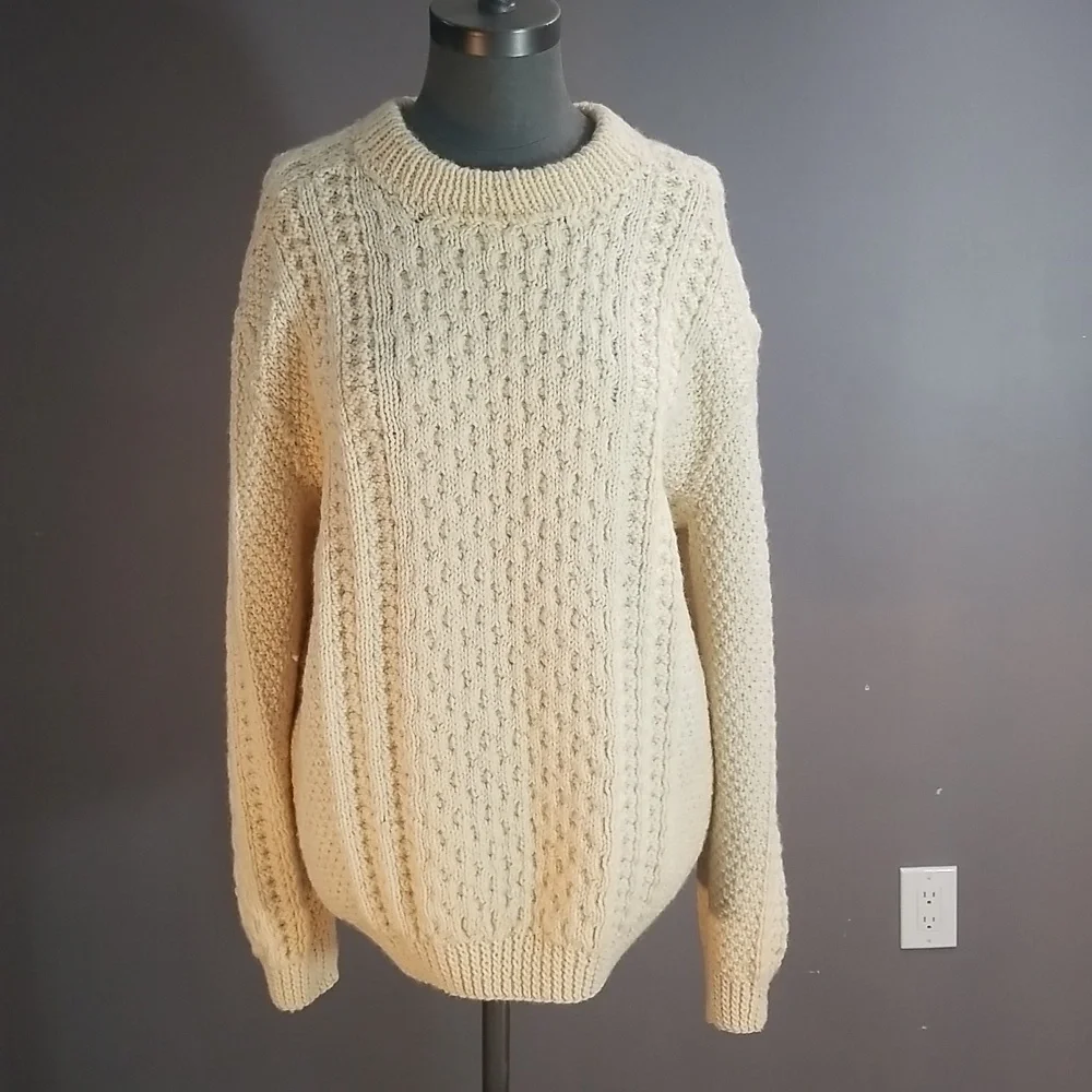 Gorgeous expertly hand knit aran/Irish/cable sweater ivory wool pure beauty! - Picture 8 of 14